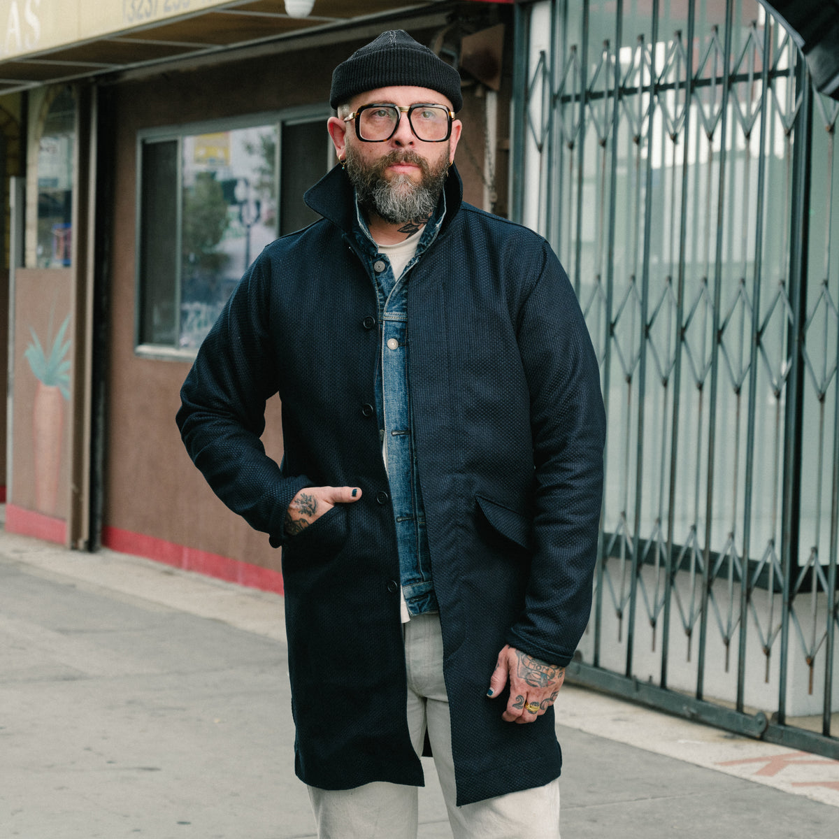Rouge Territory x Snake Oil Provisions Sashiko Trench Coat Indigo