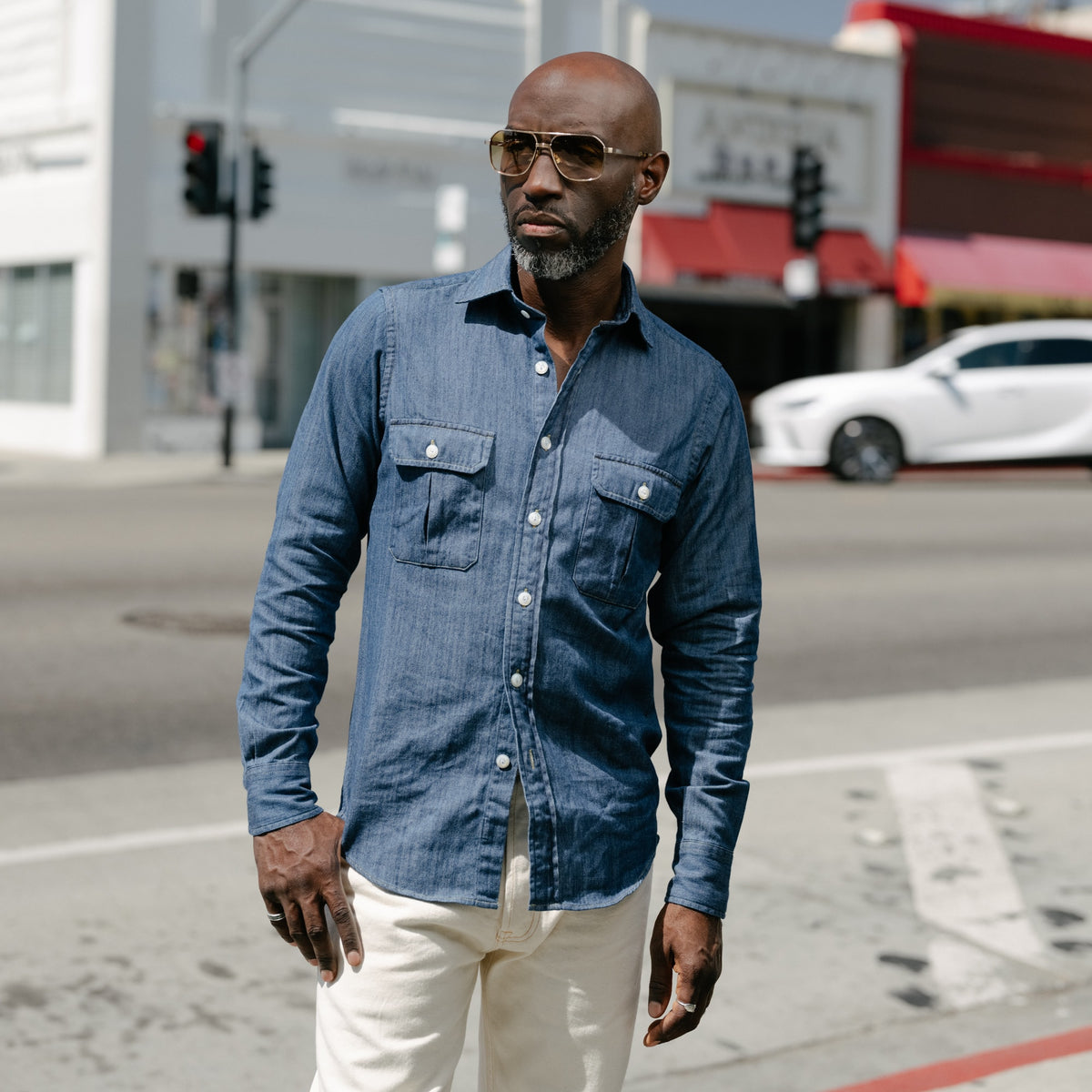 Drake's Mid-Blue Washed Denim Cotton Two-Pocket Work Shirt