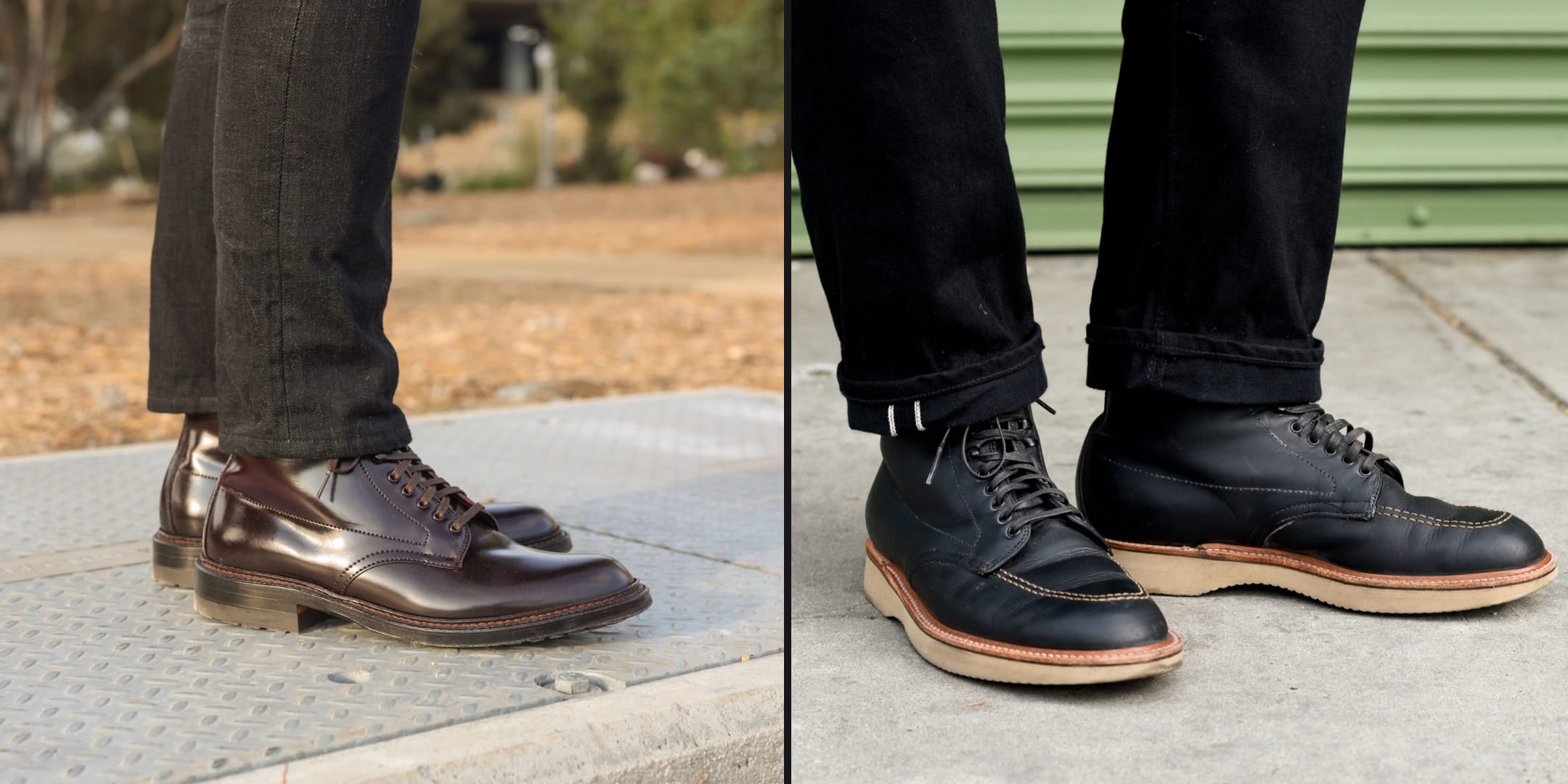 Two pairs of shoes shown side by side on a sidewalk.