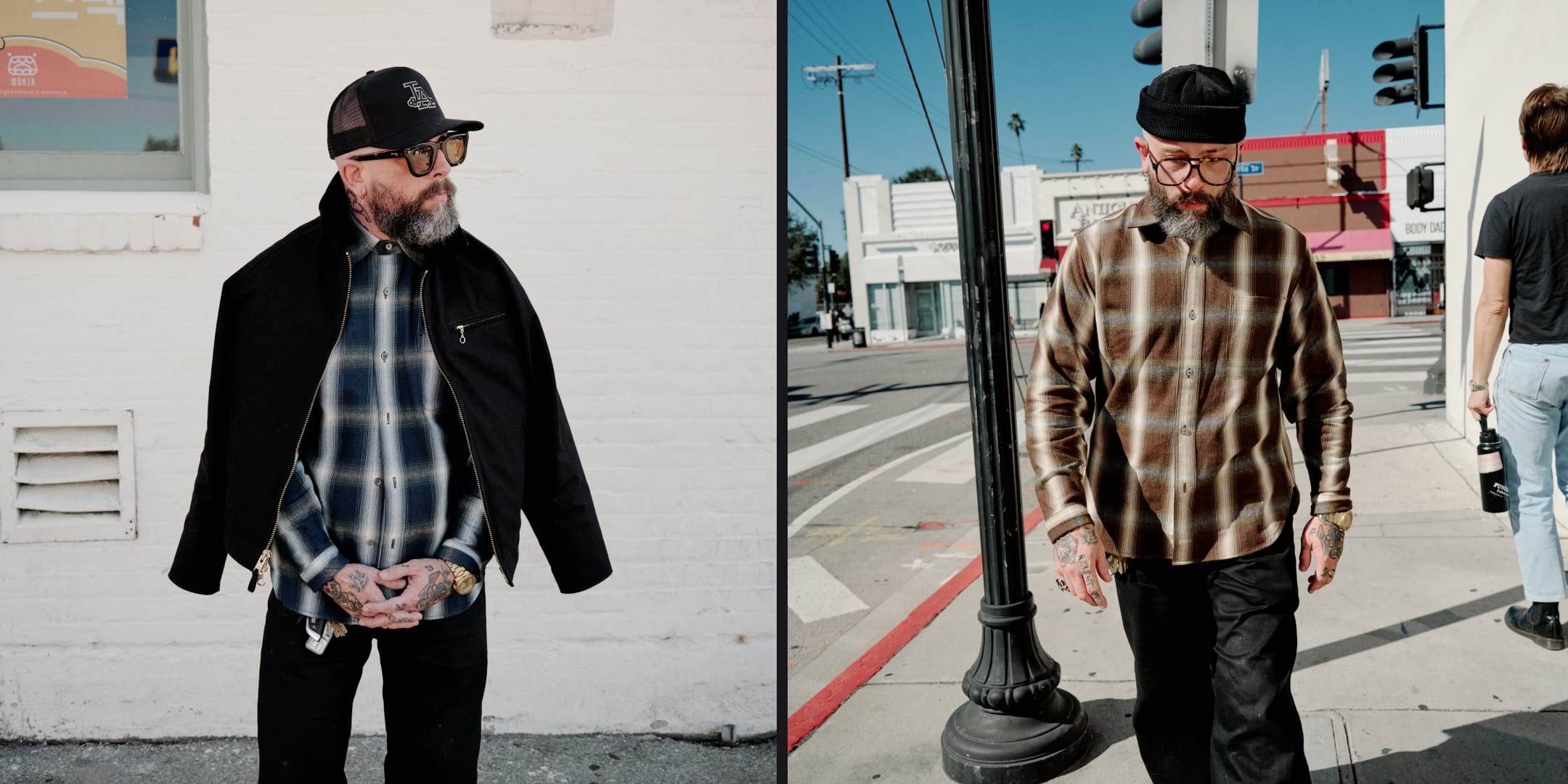 A split-screen lifestyle image showing a man wearing a black jacket over a blue and white plaid shirt, paired with a black cap and glasses, standing against a white wall on the left, and walking on a city sidewalk wearing a brown and beige plaid shirt on the right.