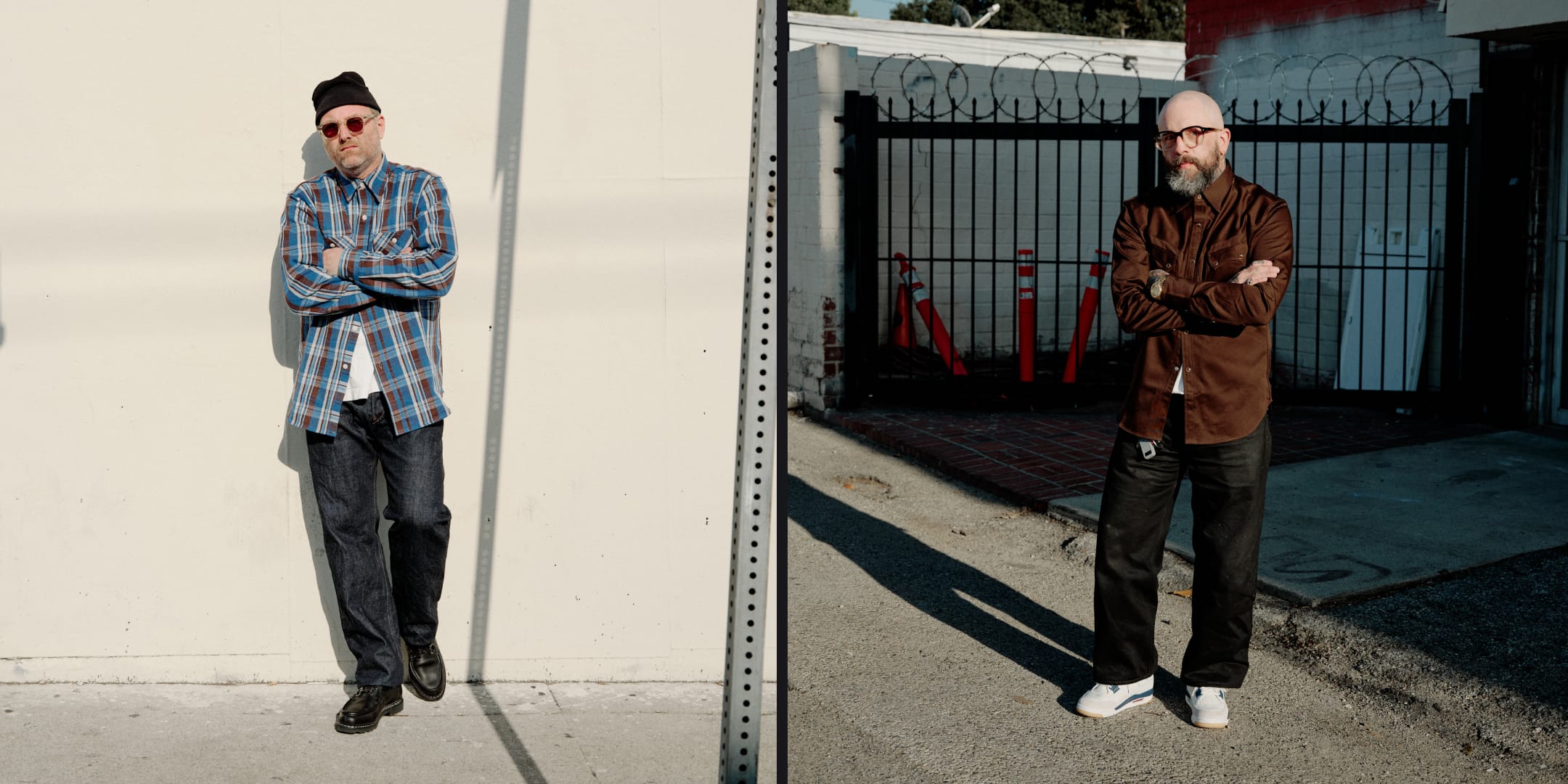 A split-screen lifestyle photograph showing the same man in two different outfits. On the left, he leans against a white wall wearing a blue and gray plaid flannel shirt, dark jeans, and a black cap.