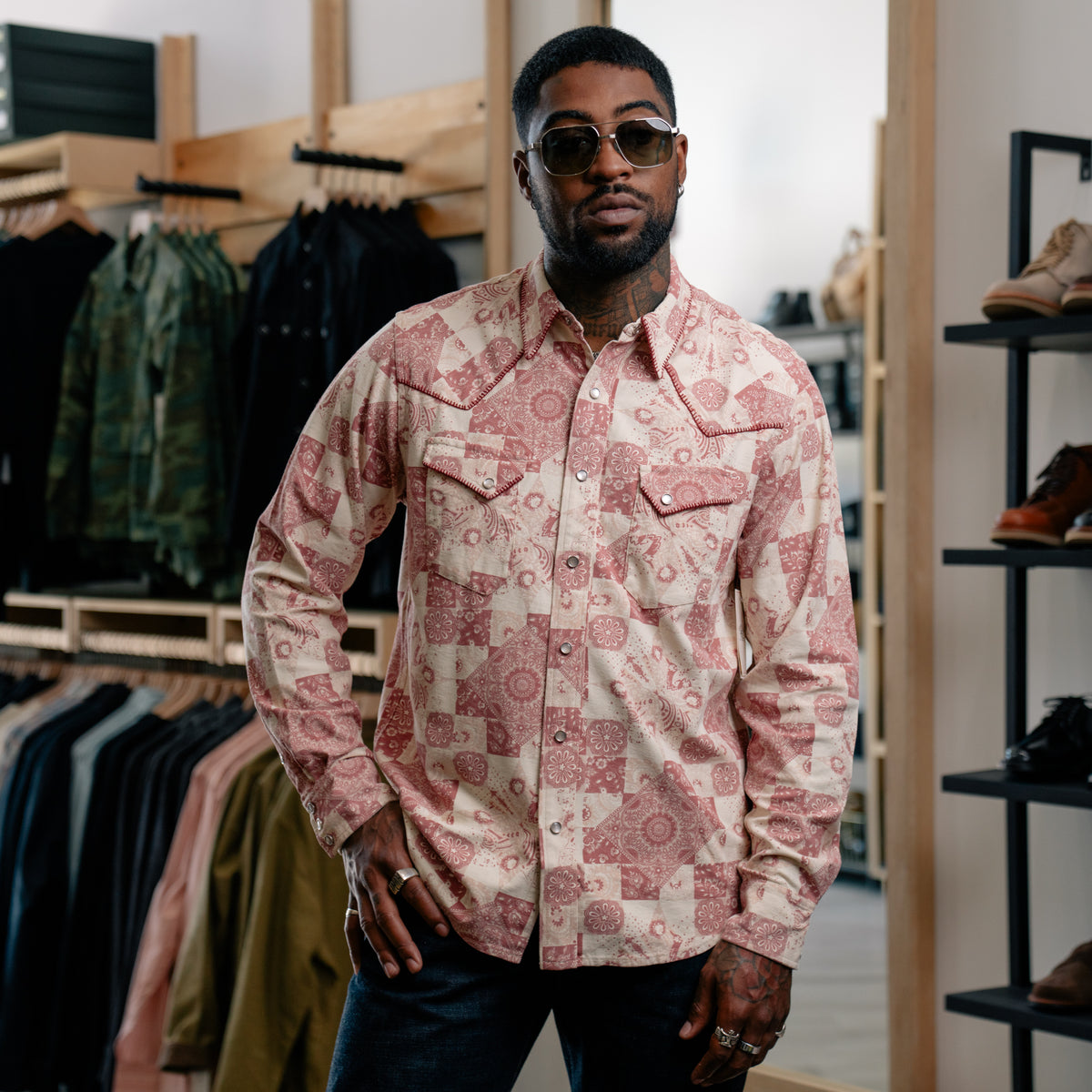 RRL Slim Fit Jersey Western Shirt Red/ Multi