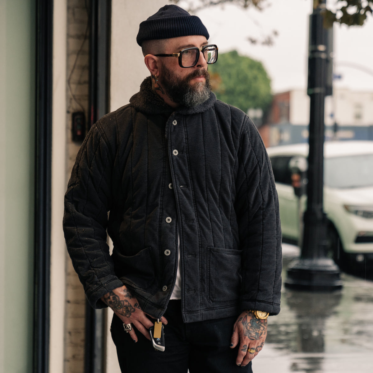 RRL Fleece-Collar Quilted Jersey Jacket Faded Black FINAL SALE