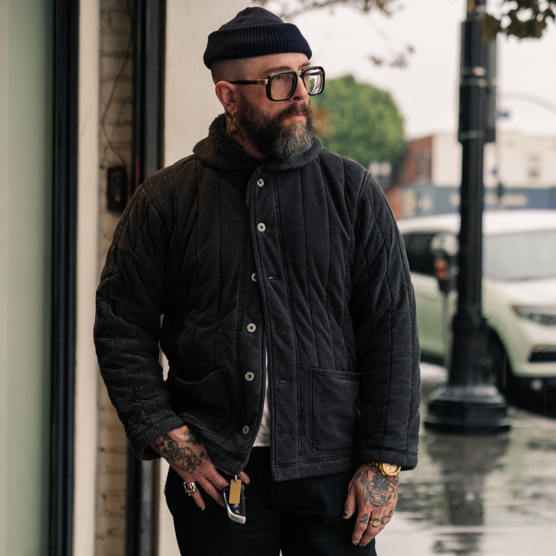 RRL Fleece-Collar Quilted Jersey Jacket Faded Black FINAL SALE