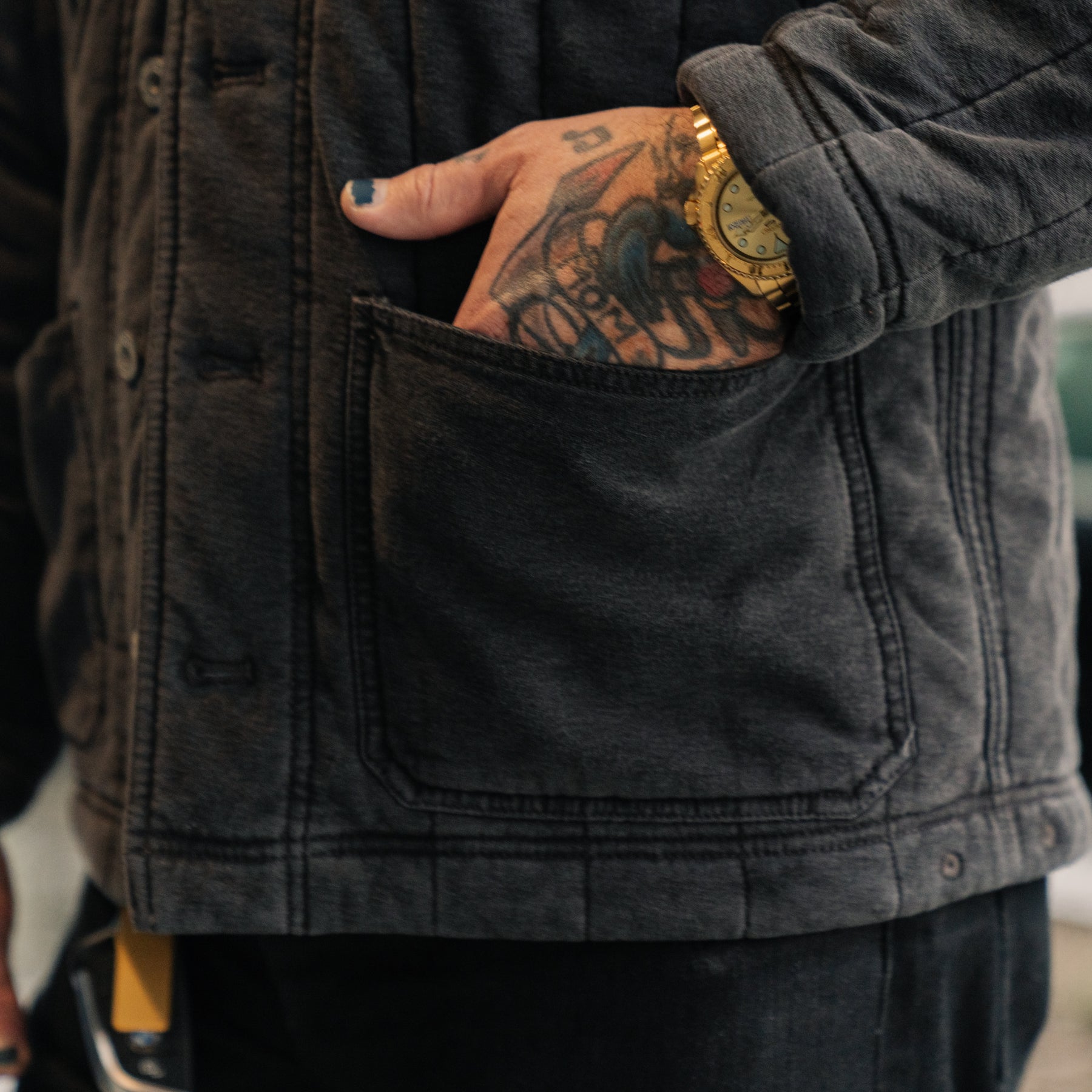 RRL Fleece-Collar Quilted Jersey Jacket Faded Black FINAL SALE
