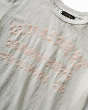 Schaeffer's Garment Hotel Cycle Varsity Tee Pink Cracked Print