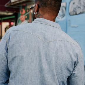 The Flat Head FN-SCW-003L Chambray Western Shirt Blue