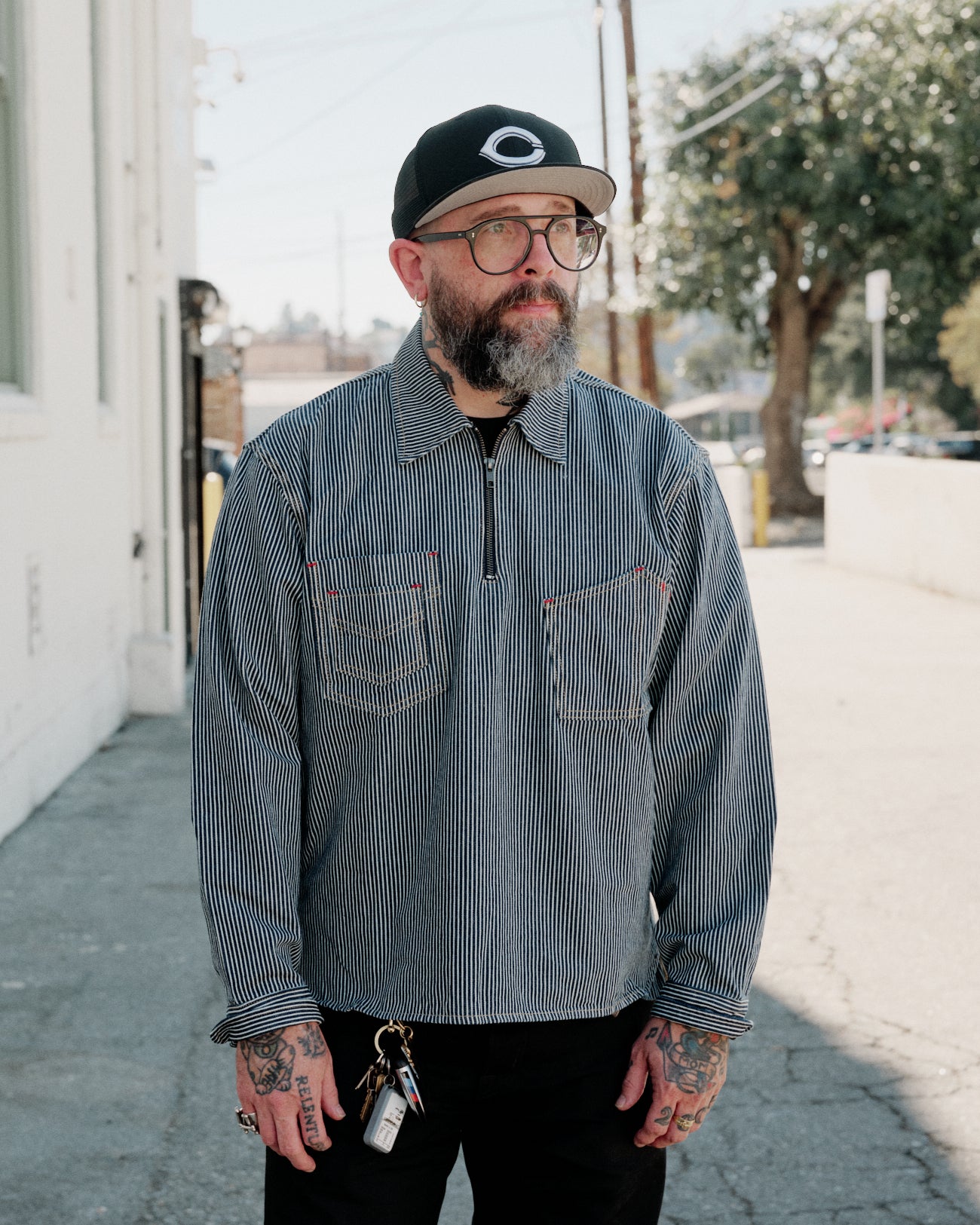 Brain Dead Hickory Stripe Half Zip Work Shirt Navy