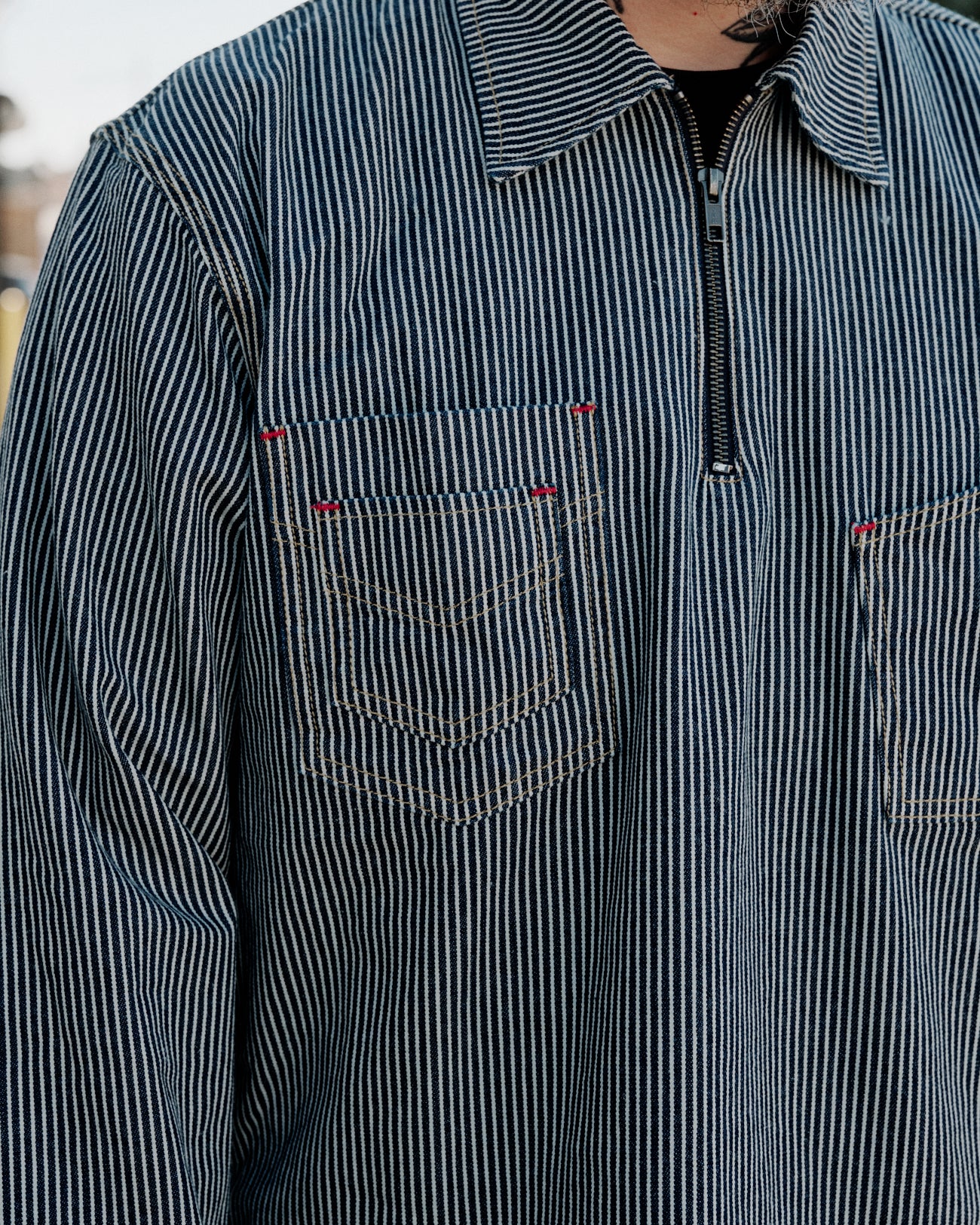 Brain Dead Hickory Stripe Half Zip Work Shirt Navy