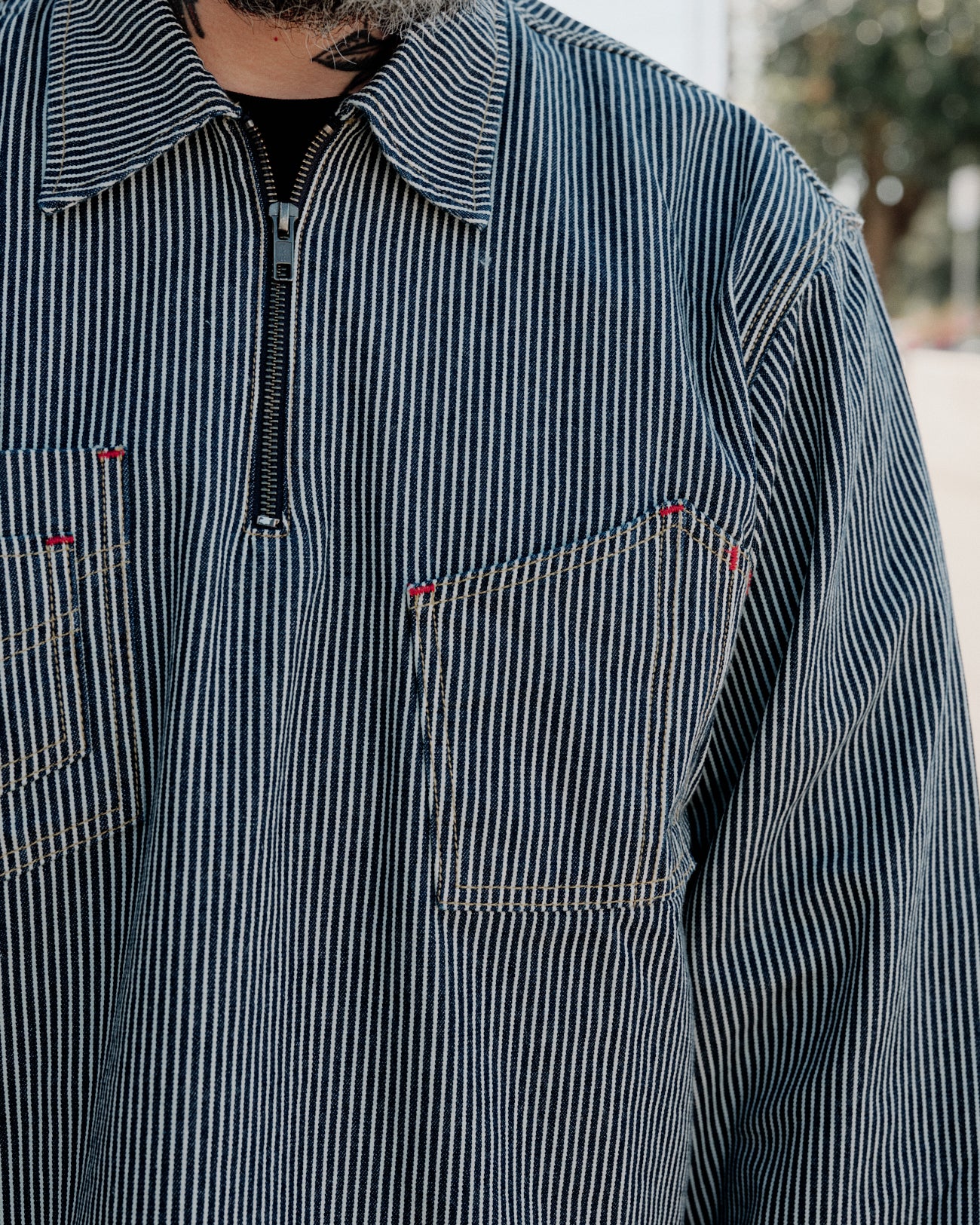 Brain Dead Hickory Stripe Half Zip Work Shirt Navy