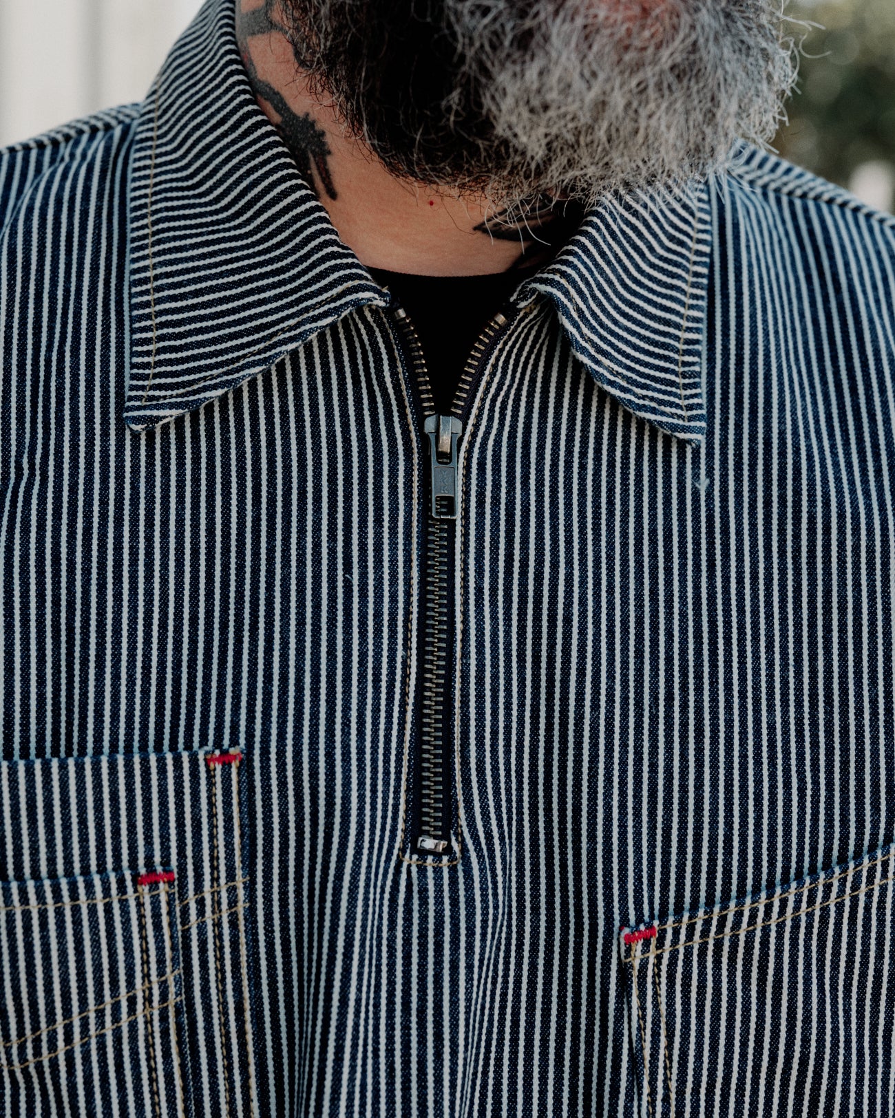 Brain Dead Hickory Stripe Half Zip Work Shirt Navy