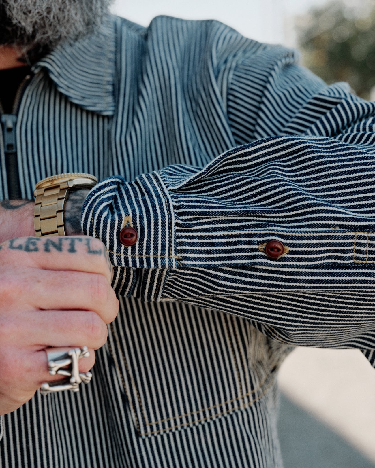 Brain Dead Hickory Stripe Half Zip Work Shirt Navy