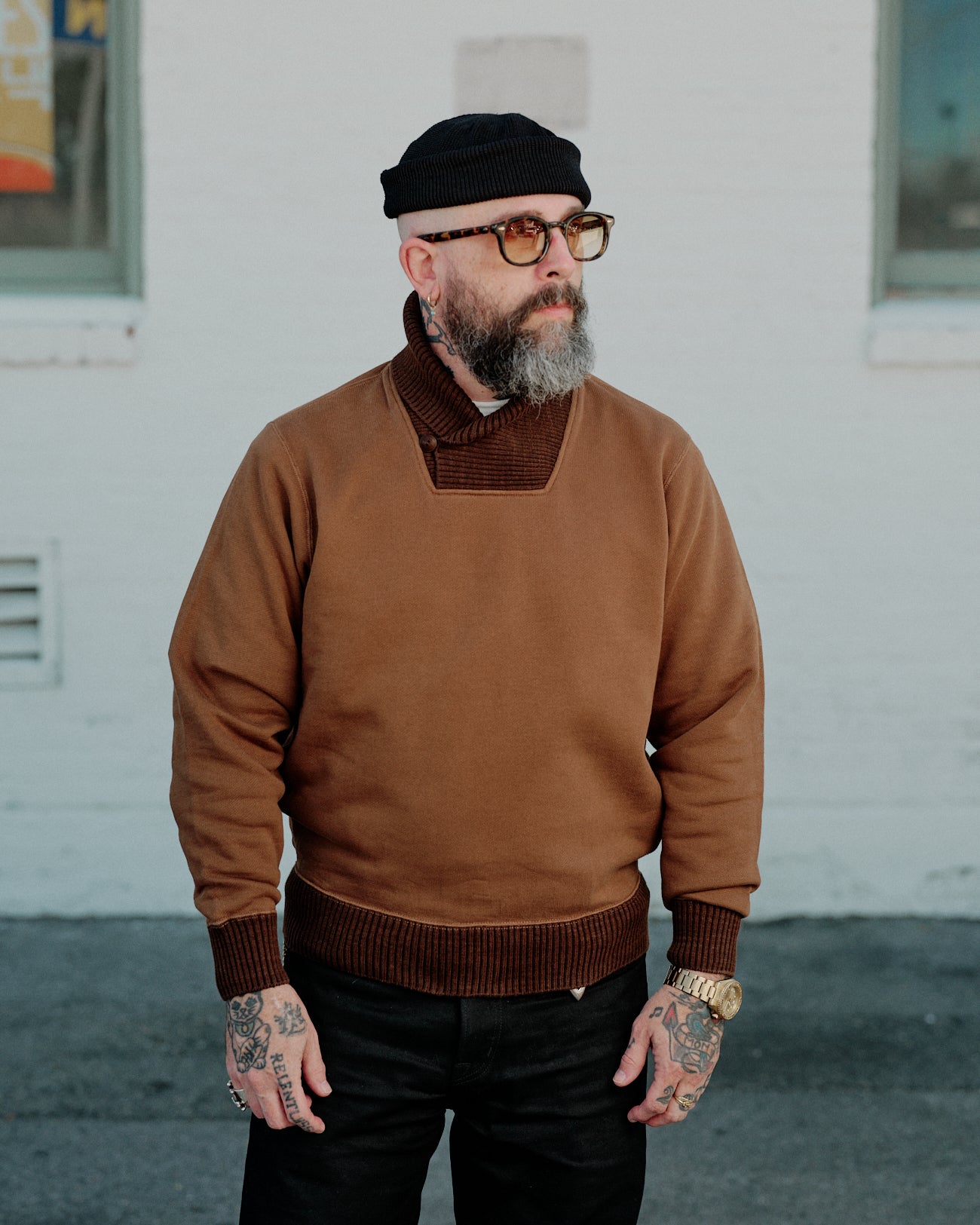 RRL Garment-Dyed Fleece Shawl Sweatshirt Tan