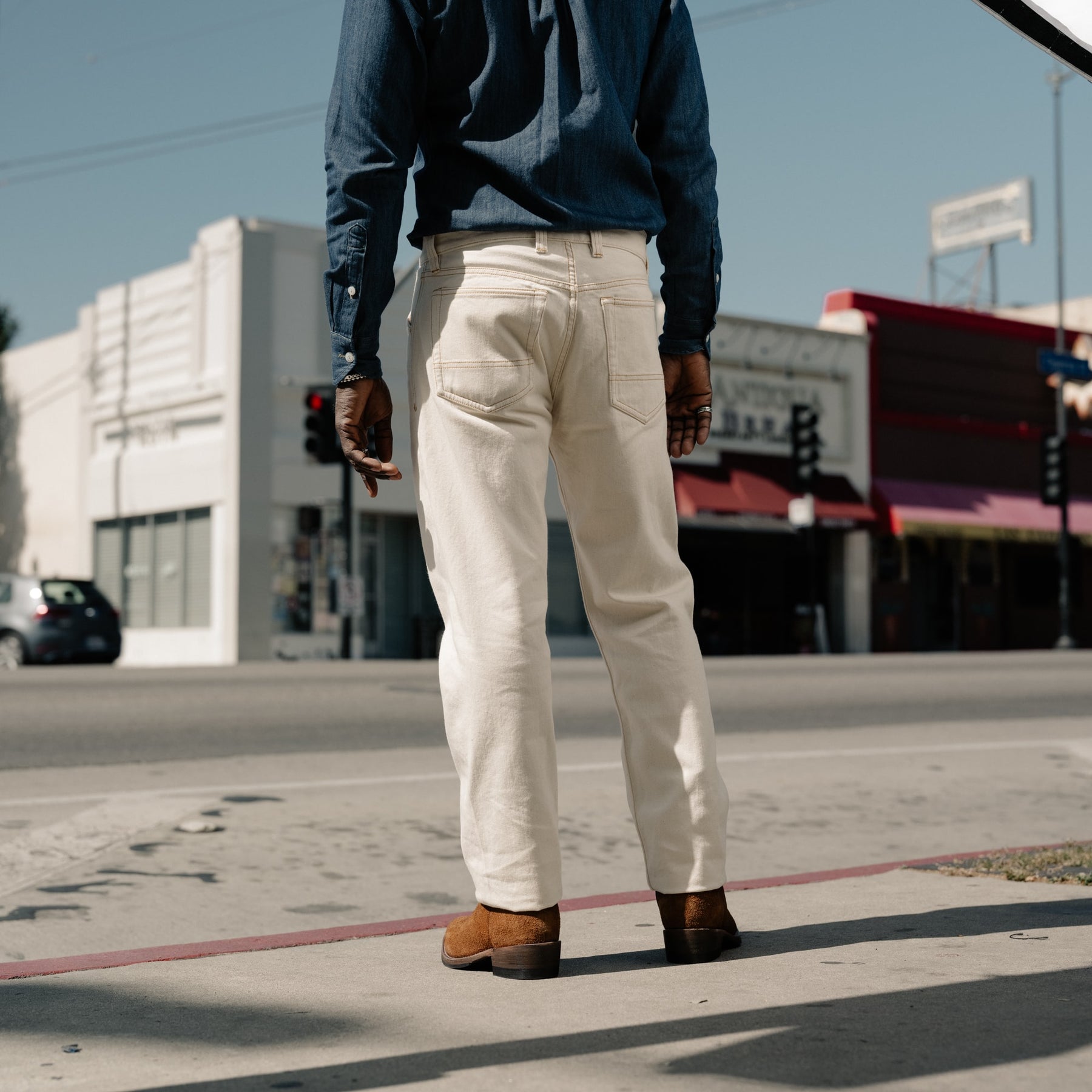 Drake's Ecru 12.7oz Selvedge Denim Contrast Stitch Five-Pocket Jeans