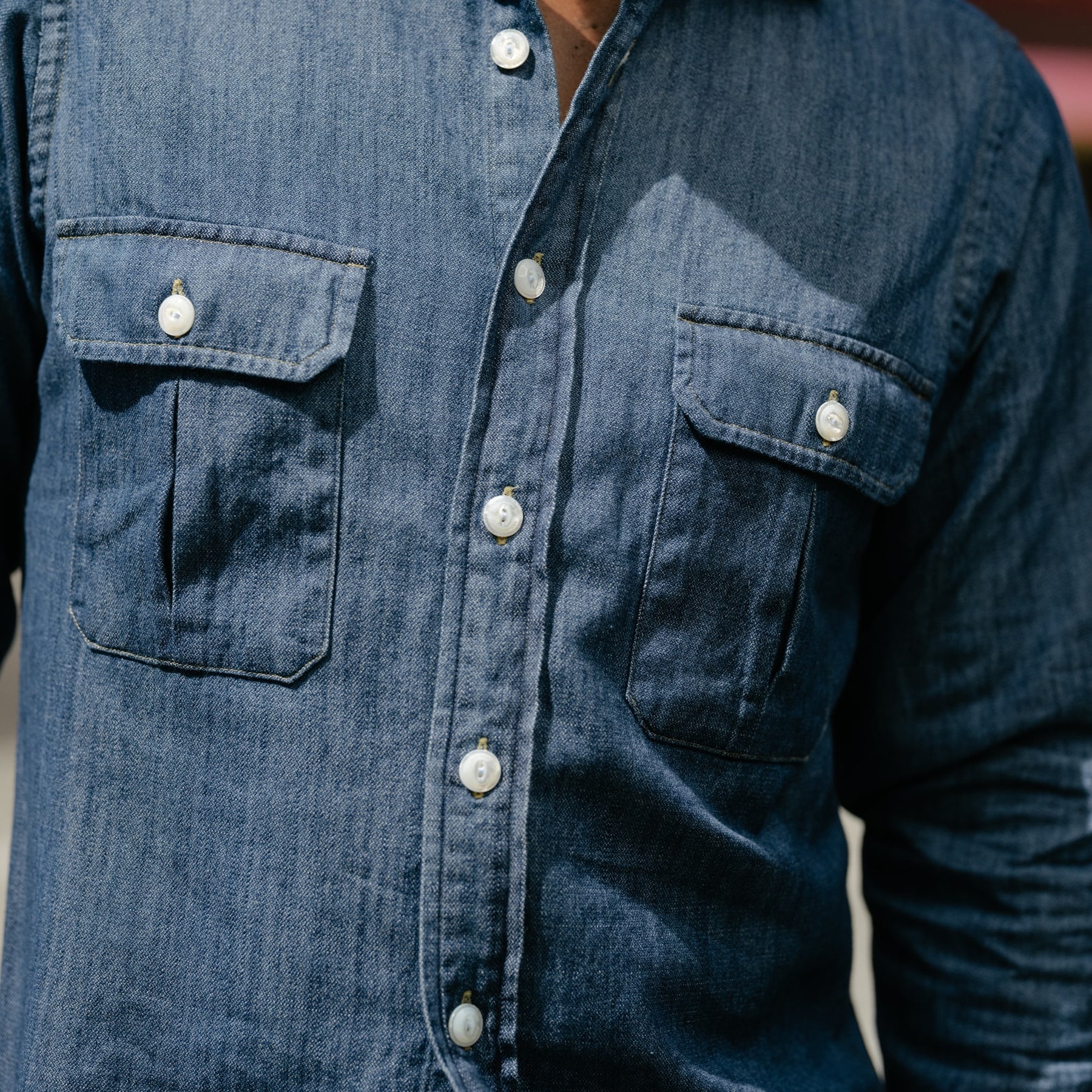 Drake's Mid-Blue Washed Denim Cotton Two-Pocket Work Shirt