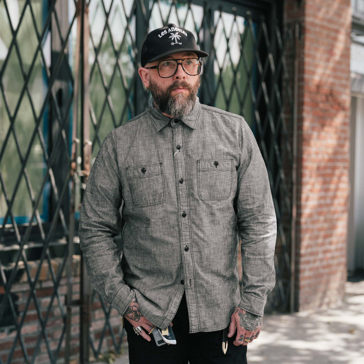 The Flat Head FN-SCK-010L Long Sleeve Chambray Work Shirt Black