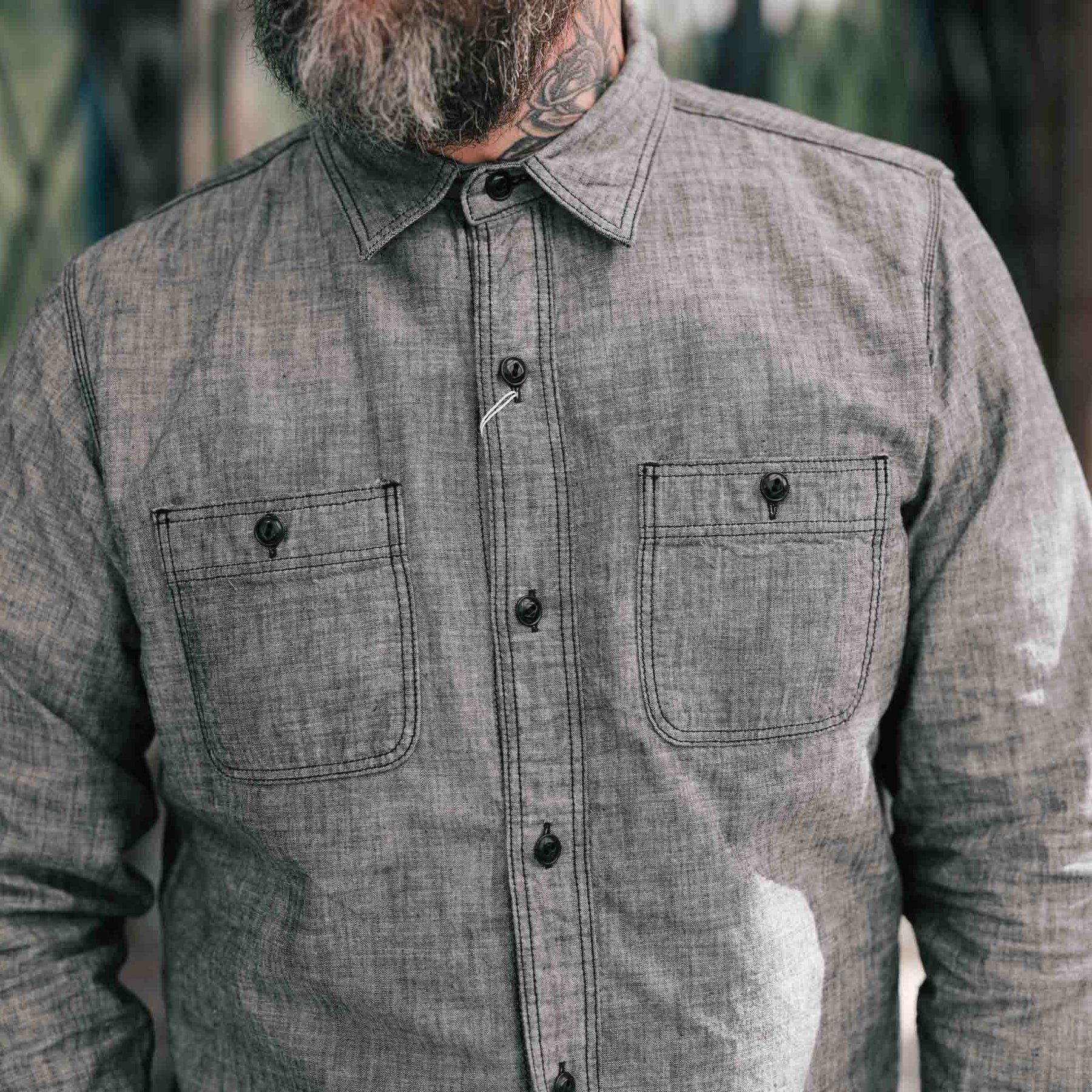 The Flat Head FN-SCK-010L Long Sleeve Chambray Work Shirt Black