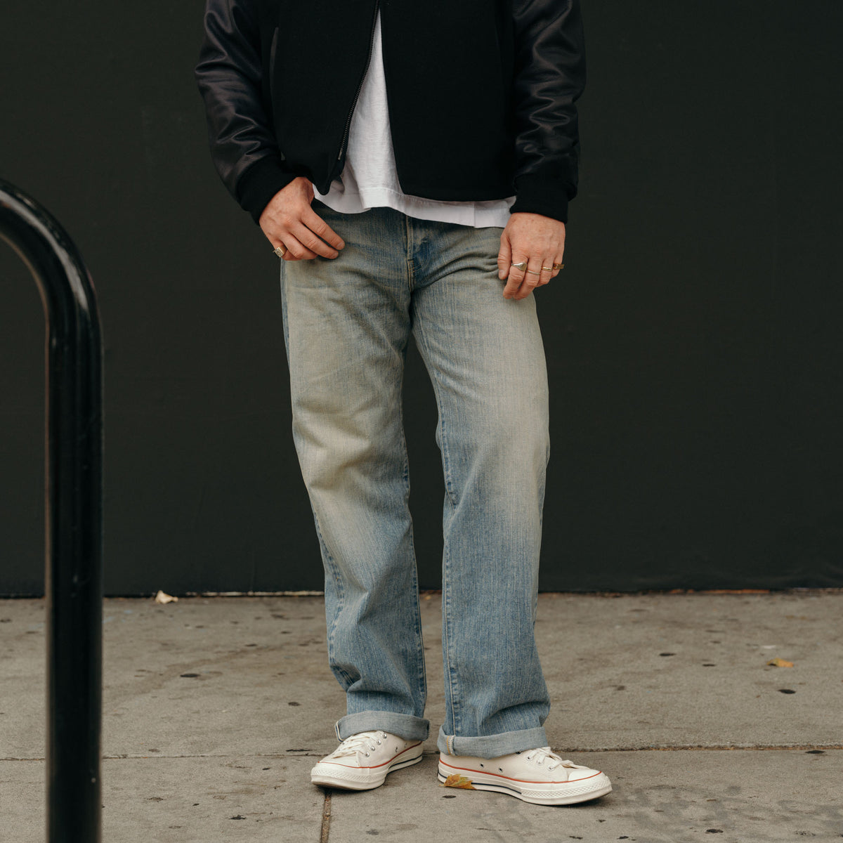 The Flat Head FN-D111C Left Hand Zimbabwe Cotton Wide Straight Real Aging Jeans