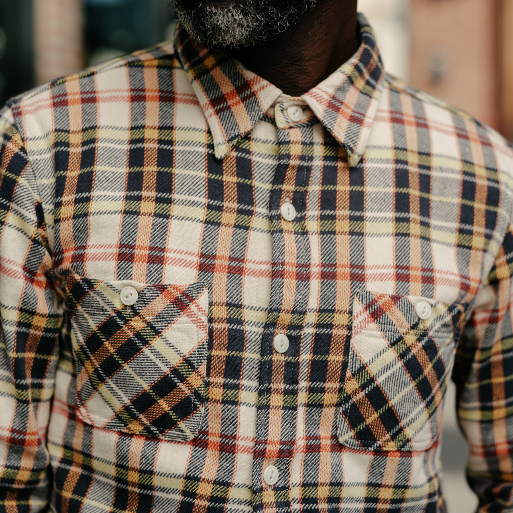 Flat Head FN-SNR-014L Flannel Check Work Shirt Ivory x Black