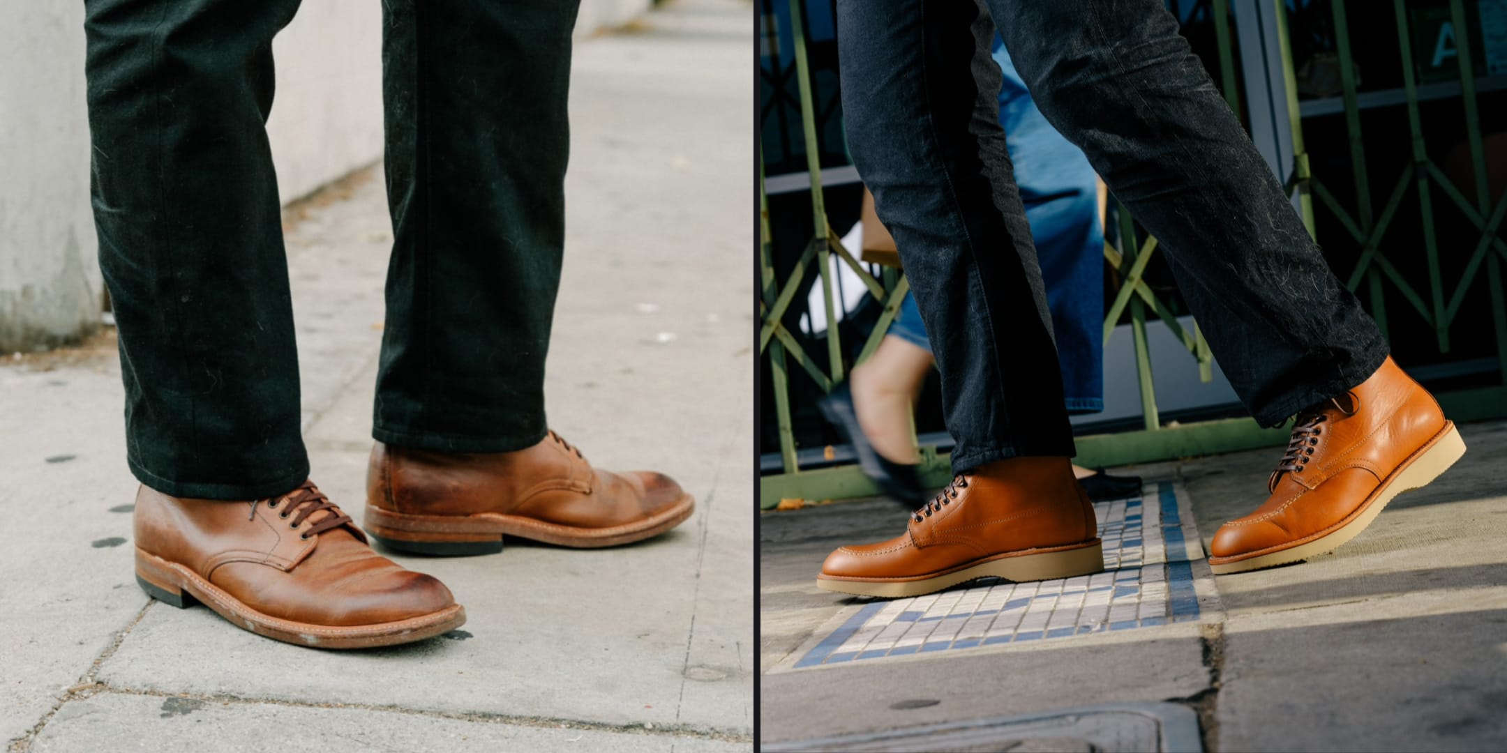 Brown leather shoes worn by a person on a sidewalk.