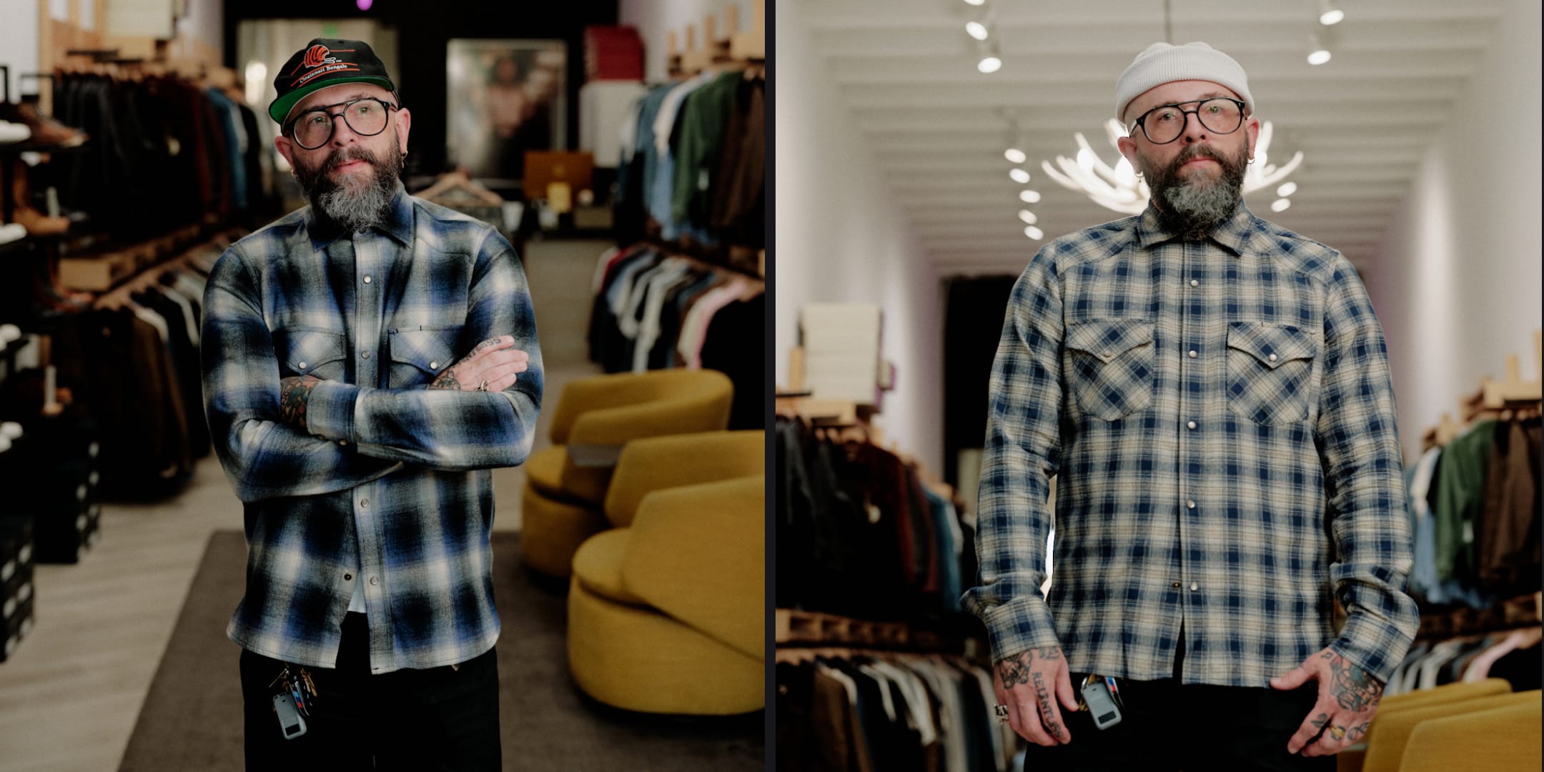 A split-screen lifestyle photo of a man wearing a blue and black plaid flannel shirt in a clothing store. The left side shows him with arms crossed, wearing a green cap, and the right side shows him from the front wearing a white beanie.