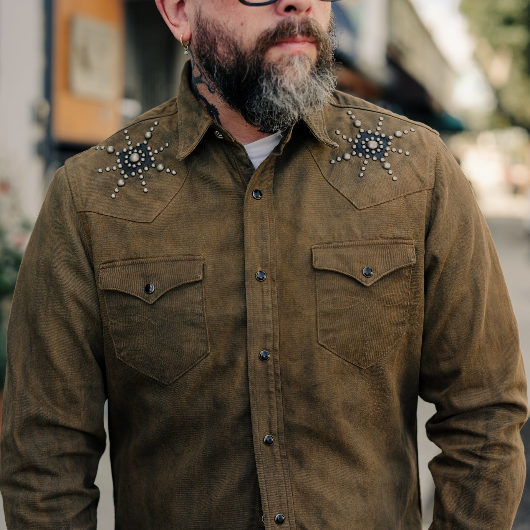 RRL Slim Studded Denim Western Shirt Distressed Brown