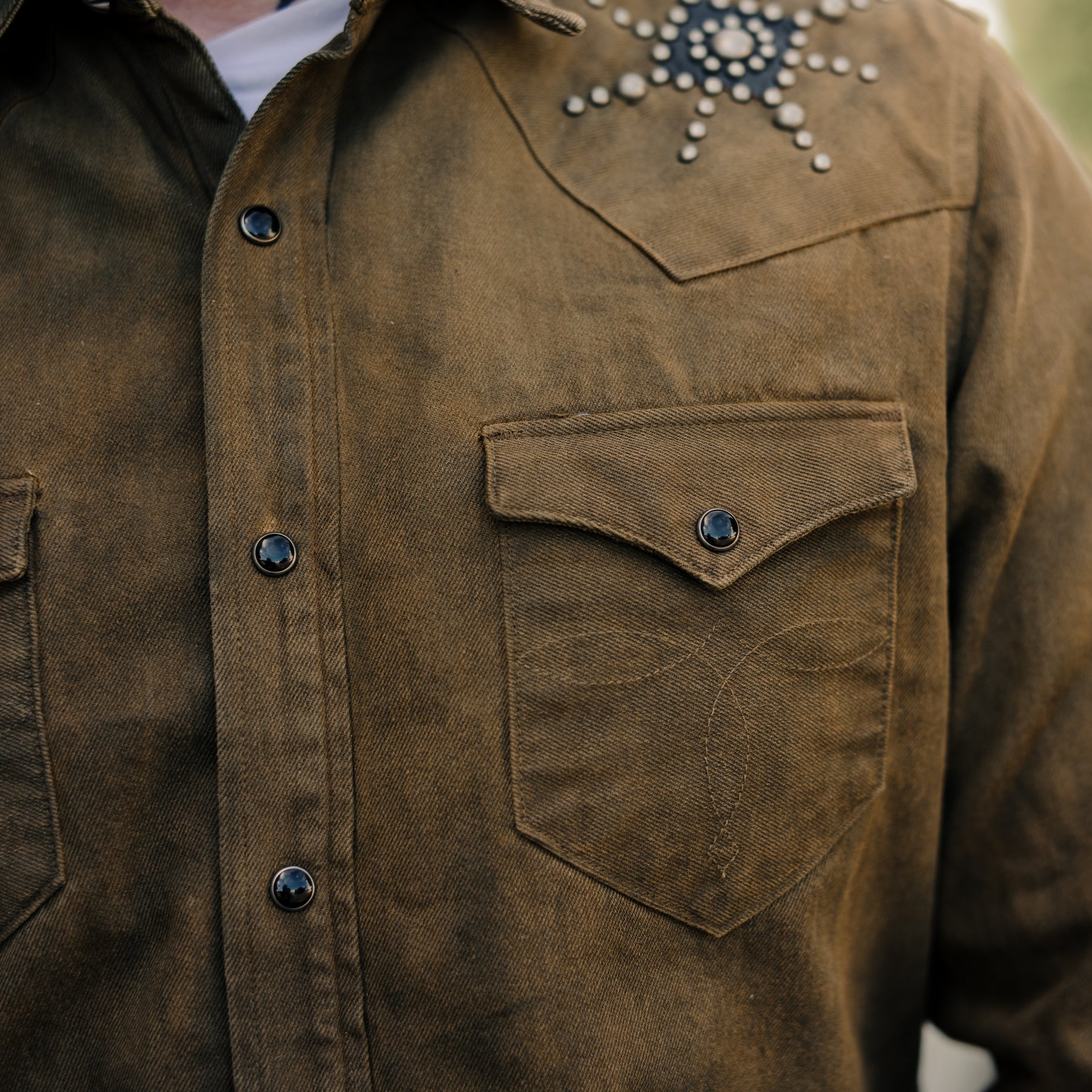 RRL Slim Studded Denim Western Shirt Distressed Brown