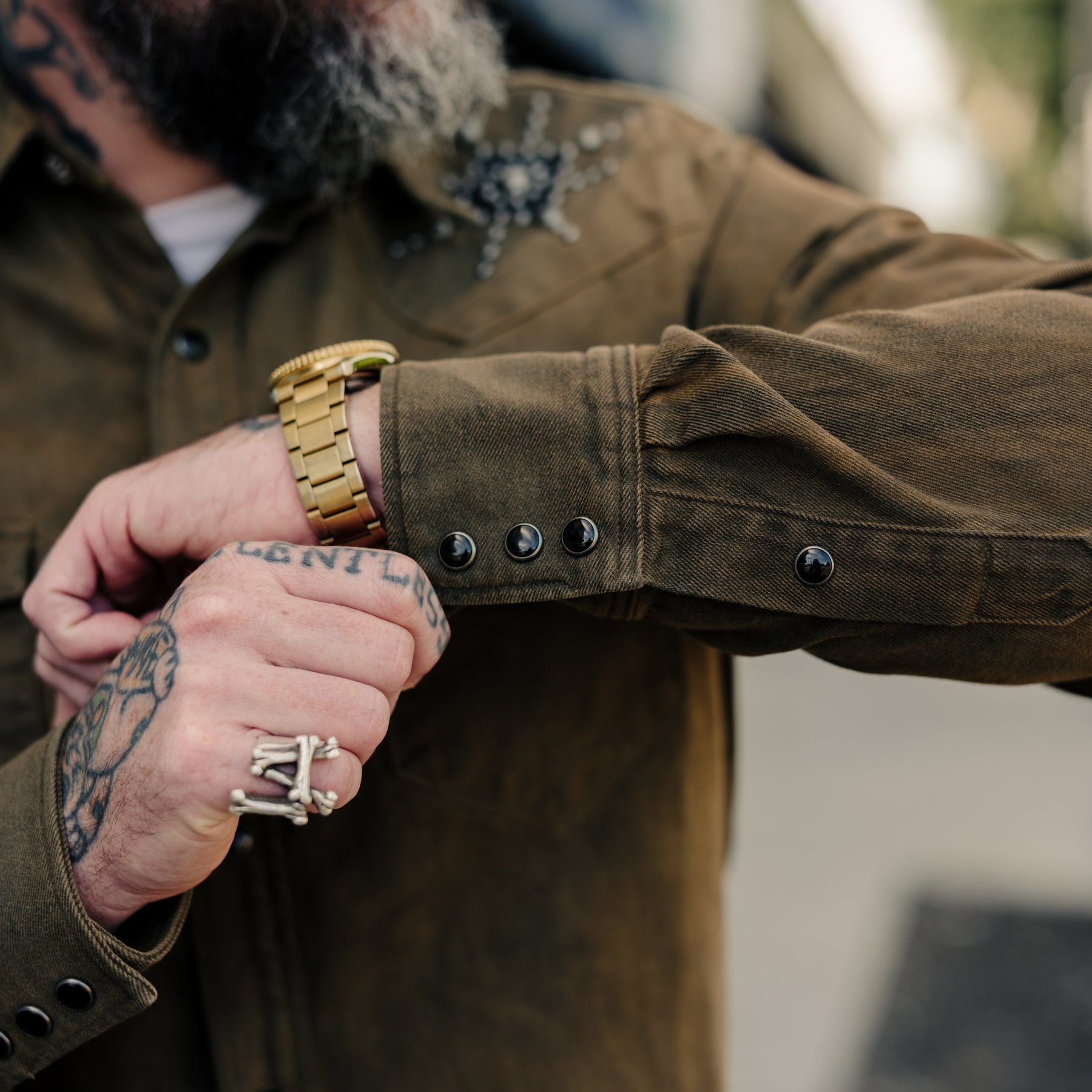 RRL Slim Studded Denim Western Shirt Distressed Brown