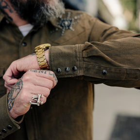 RRL Slim Studded Denim Western Shirt Distressed Brown