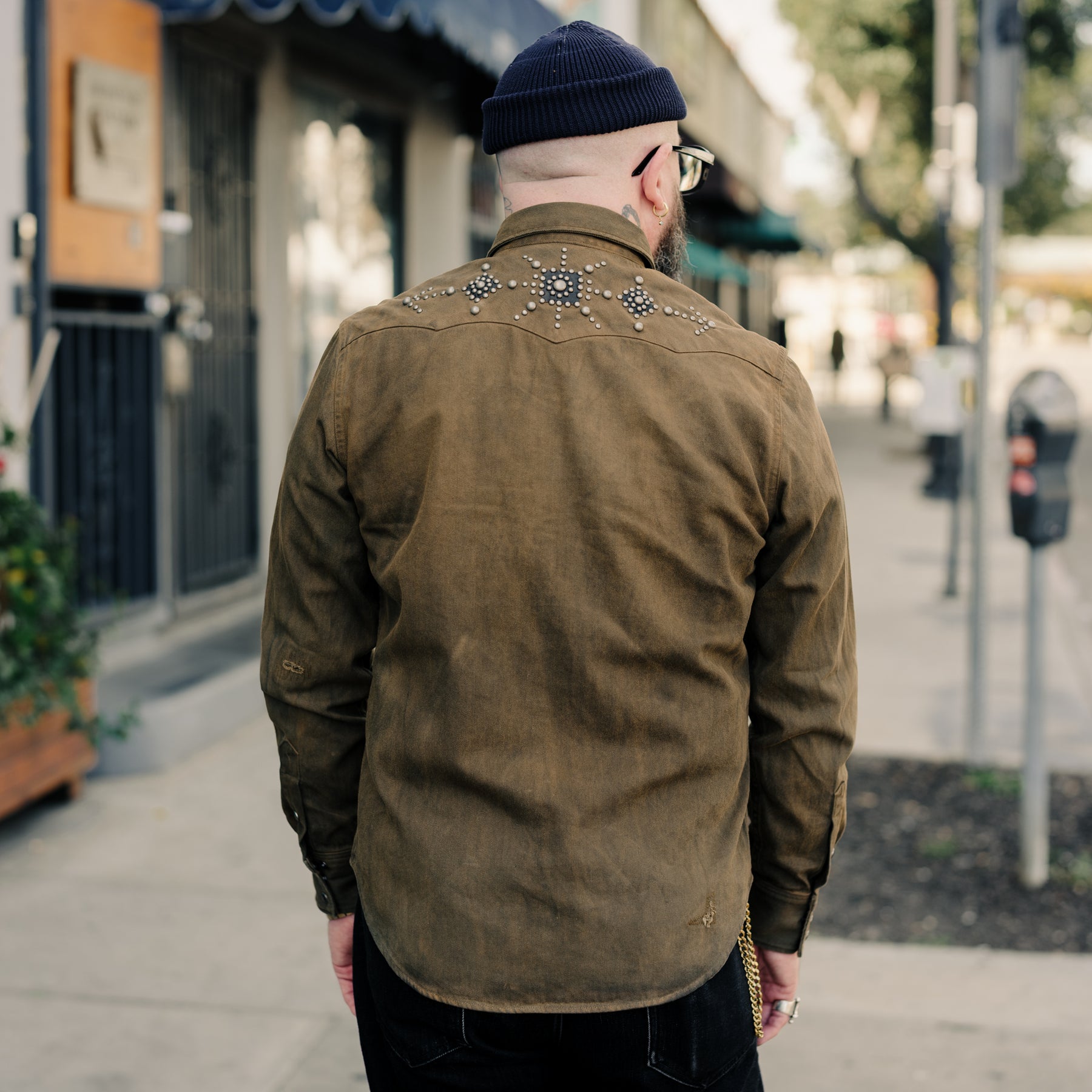 RRL Slim Studded Denim Western Shirt Distressed Brown