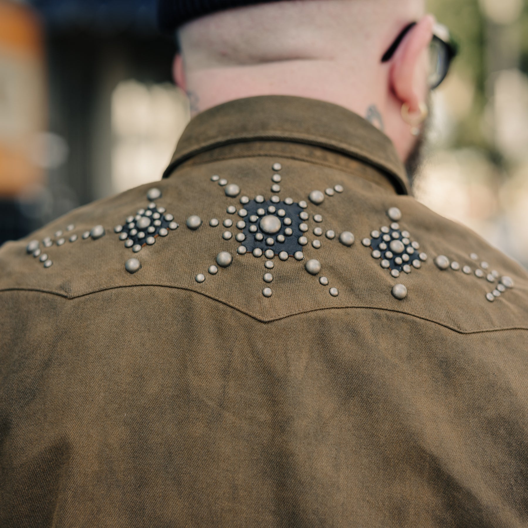 RRL Slim Studded Denim Western Shirt Distressed Brown