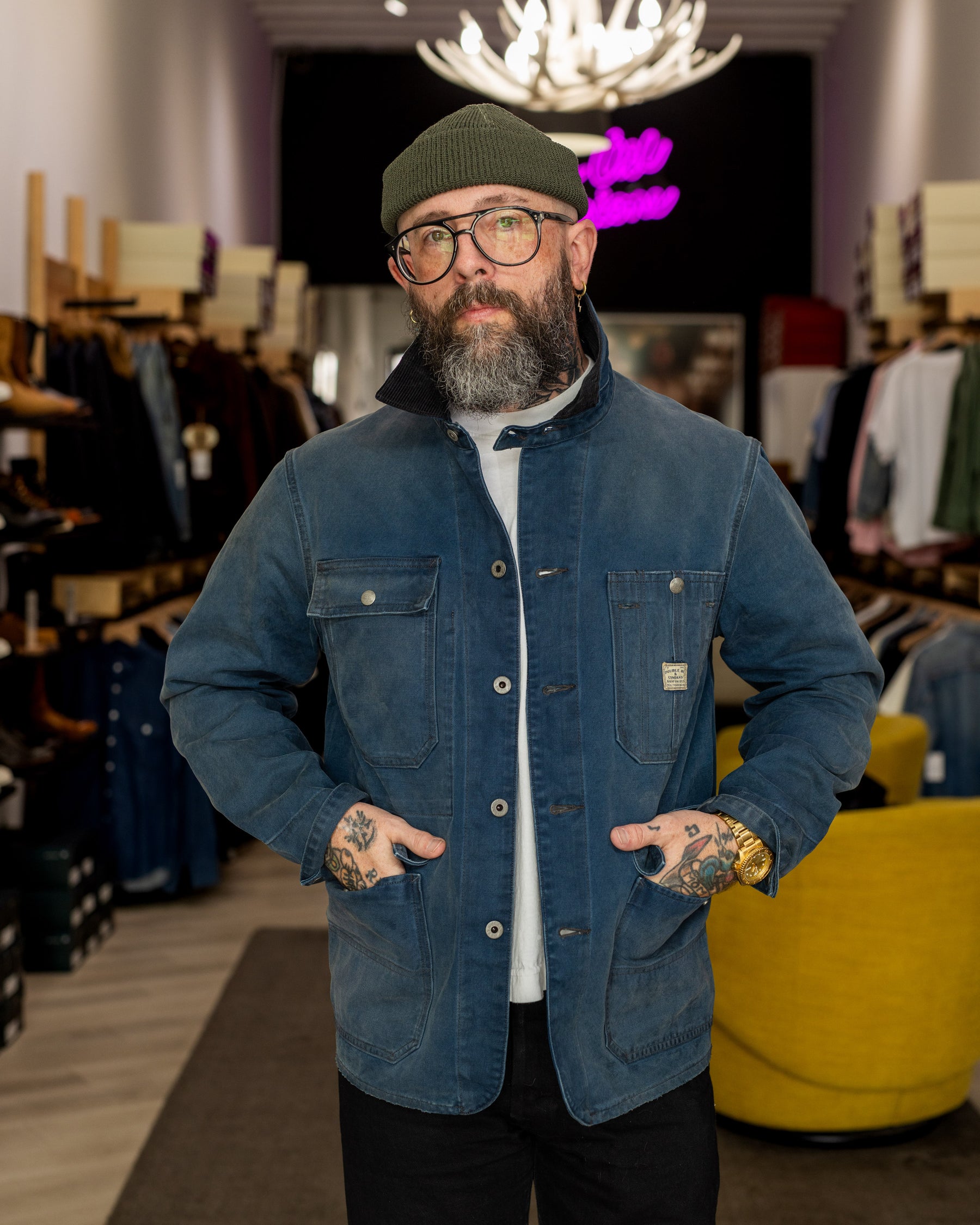 RRL Canvas Corduroy-Collar Engineer Jacket Faded Navy