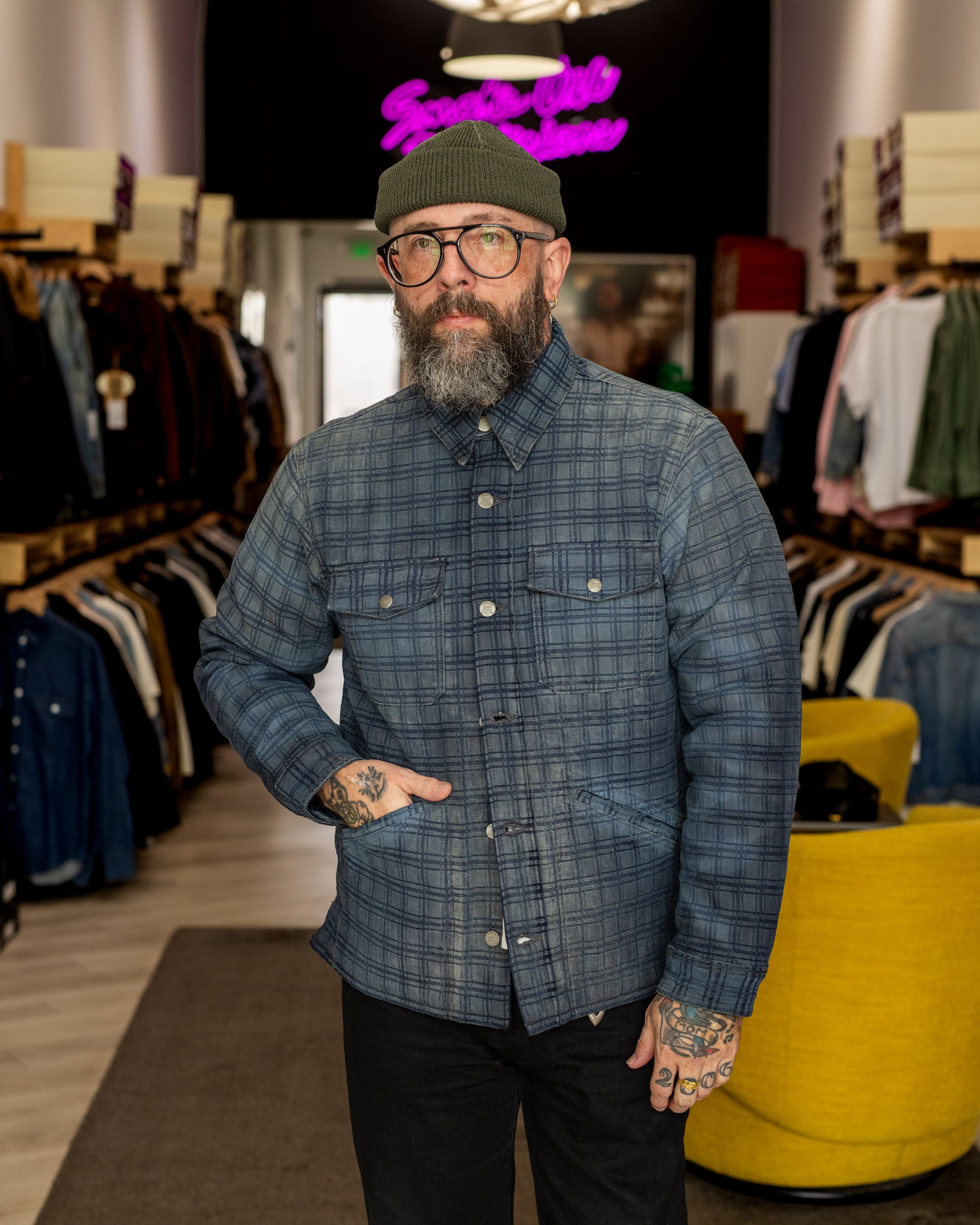 RRL Indigo Plaid Jacquard Denim Jacket Holland Wash