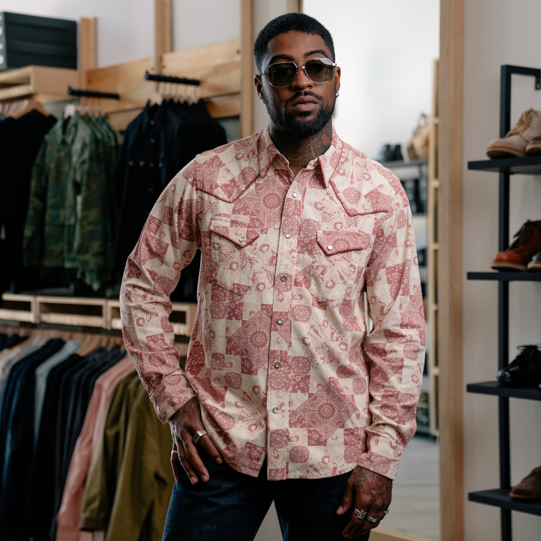 RRL Slim Fit Jersey Western Shirt Red/ Multi