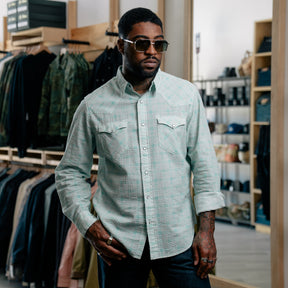 RRL Slim Fit Seersucker Western Shirt Turquoise Multi
