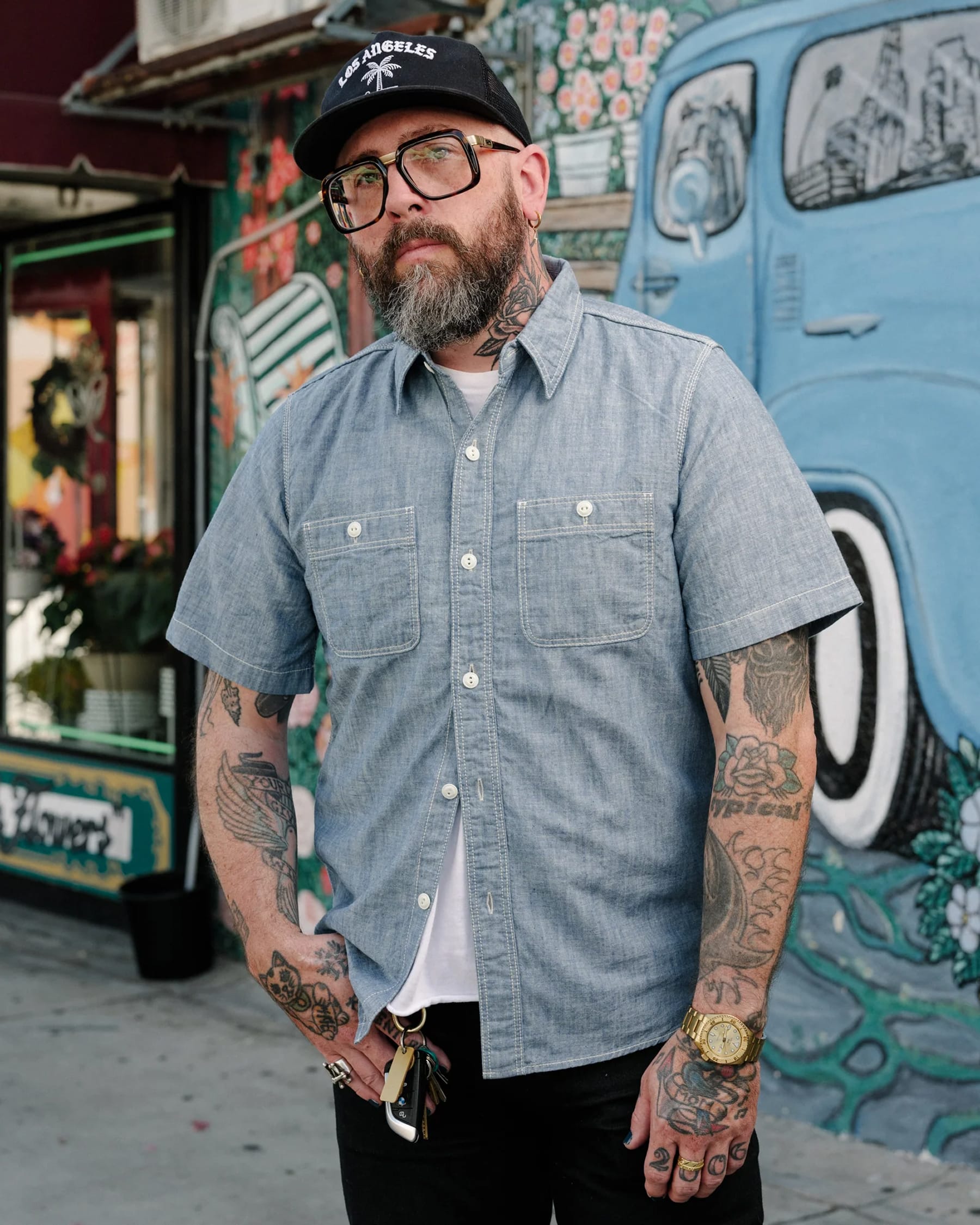 The Flat Head FN-SCK-010S Chambray Short Sleeve Work Shirt Blue