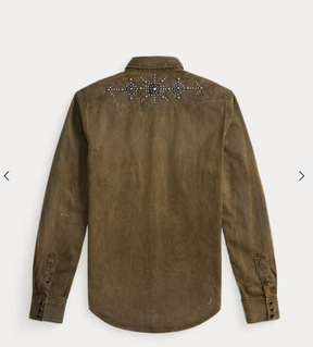 RRL Slim Studded Denim Western Shirt Distressed Brown