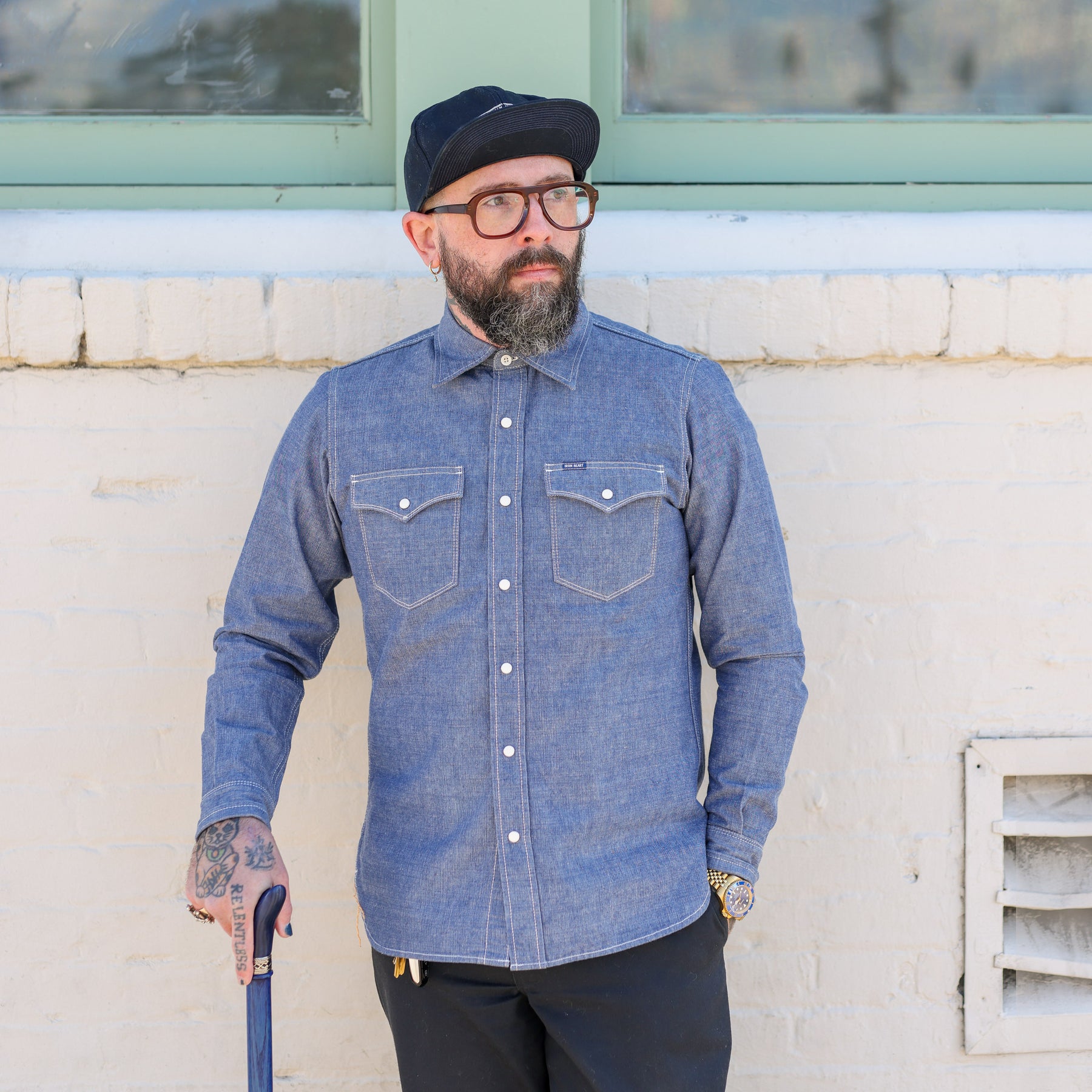 Iron Heart IHSH-13-BLU Selvedge Chambray Western Shirt Blue PRE-OWNED/ FINAL SALE